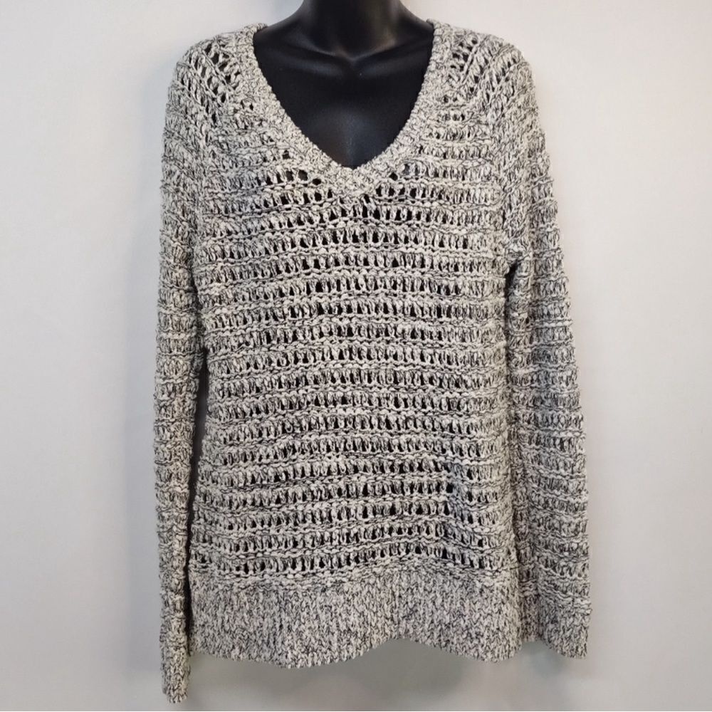 LOFT Women's Pullover V-Neck Open Knit Split Seam Black & WhiteSweater‎ Size XXL